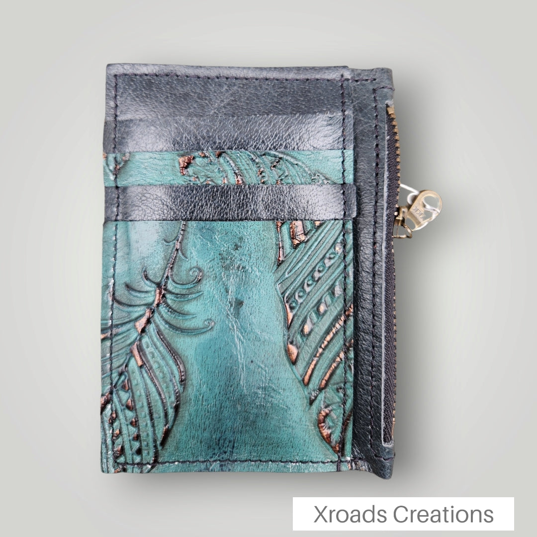Bottle Green Feather- Embossed Zippered Wallet