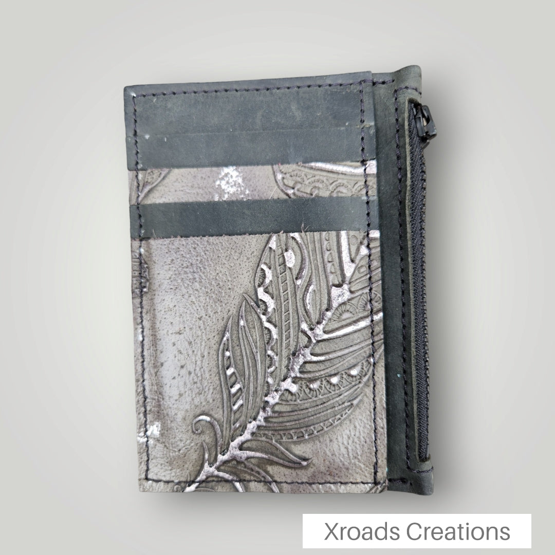 Grey Feather- Embossed Zippered Wallet