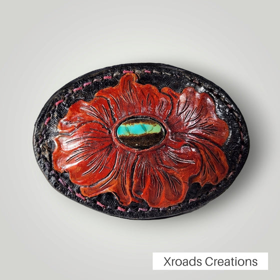 Red flower with Turquoise inlay  -Belt Buckle