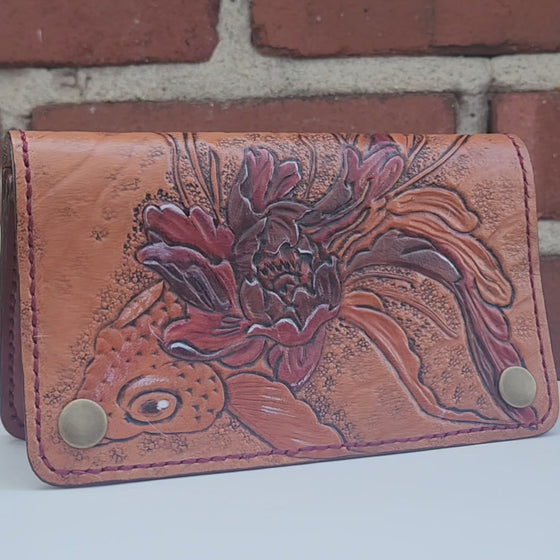 Bikers Wallet - Hand Tooled- Koi Flower