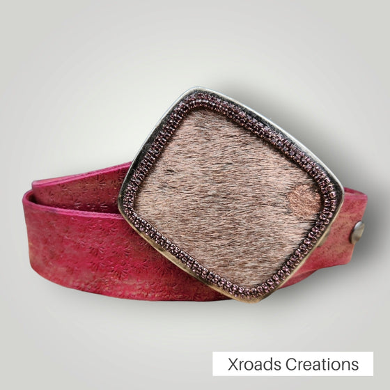 Belt Buckle - Rectangular Pinkish Acid Hair-on