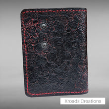  Snap Bi-fold Wallet - Hand Stamped - Skulls and Roses- Black and Red