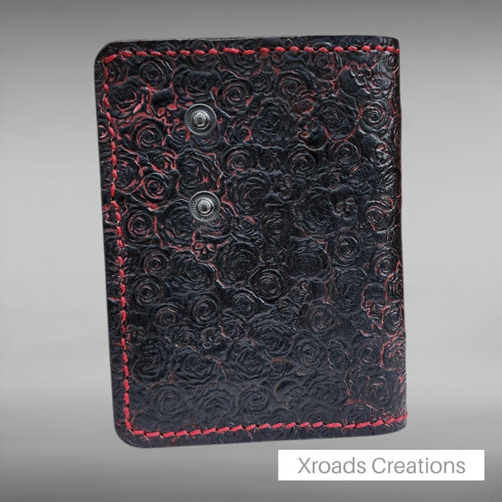 Snap Bi-fold Wallet - Hand Stamped - Skulls and Roses- Black and Red