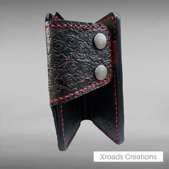 Snap Bi-fold Wallet - Hand Stamped - Skulls and Roses- Black and Red
