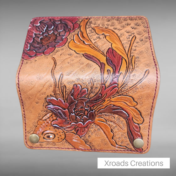 Bikers Wallet - Hand Tooled- Koi Flower