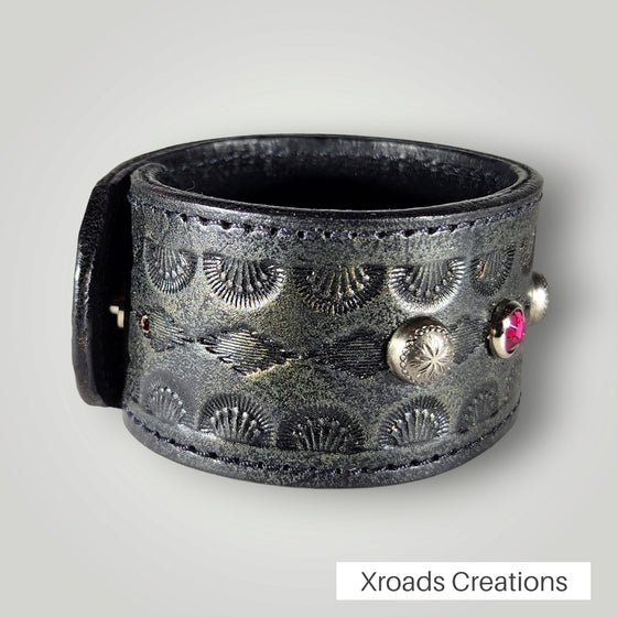 Cuff - Hand Stamped with pink rhinestones and decorative studs