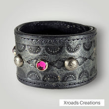  Cuff - Hand Stamped with pink rhinestones and decorative studs