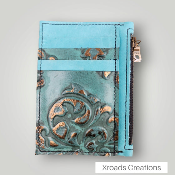 Turquoise and Bronze  - Embossed Zippered Wallet