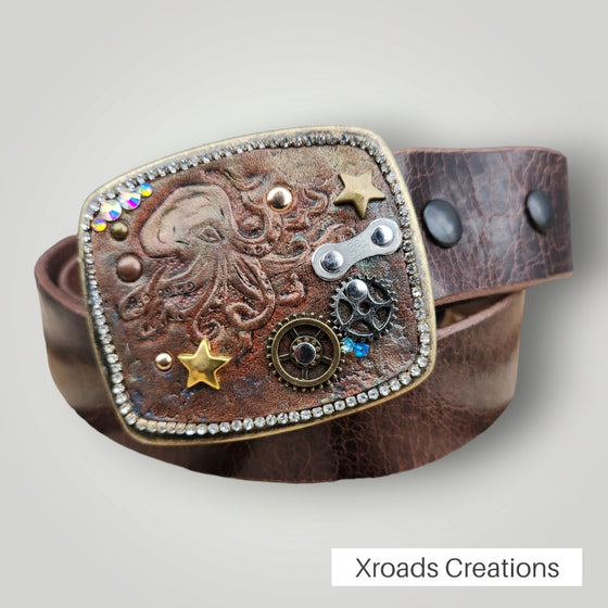 Belt Buckle - Tooled Steampunk Octopus