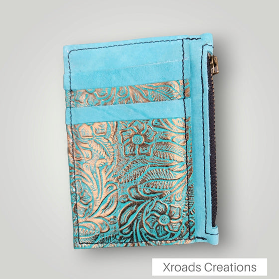 Turquoise and Gold  - Embossed Zippered Wallet