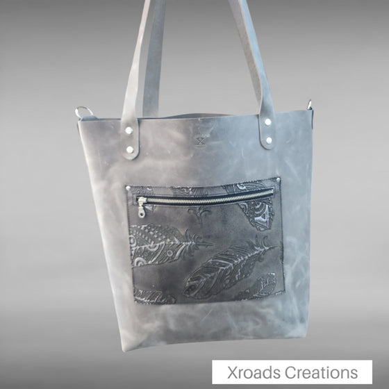 Basic Tote - Gray with Embossed zipper outer pocket