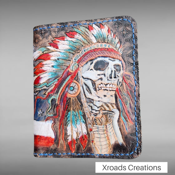 Skull Indian Head Premium Folding Wallet  Hand Tooled