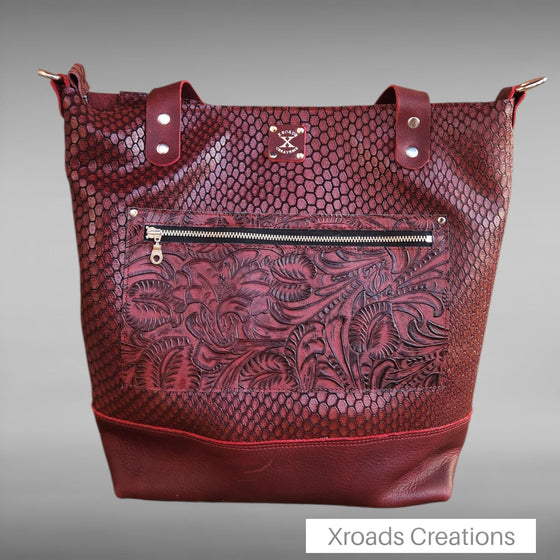 Basic Tote - Burgundy special textured leather and embossed pocket