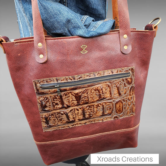 Basic Tote - Hair On Brown and white with Embossed Pocket